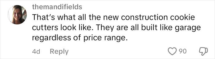 Comment on new construction quality, comparing $1,600,000 home to garage. User criticizes modern homes as uniform.