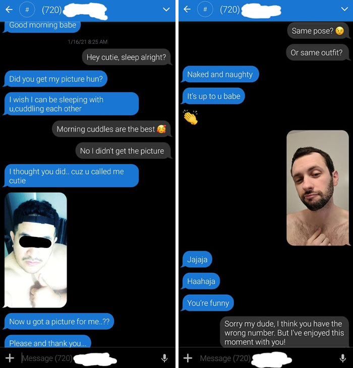 Awkward text messages exchange with wrong number; includes humorous and candid selfie responses.