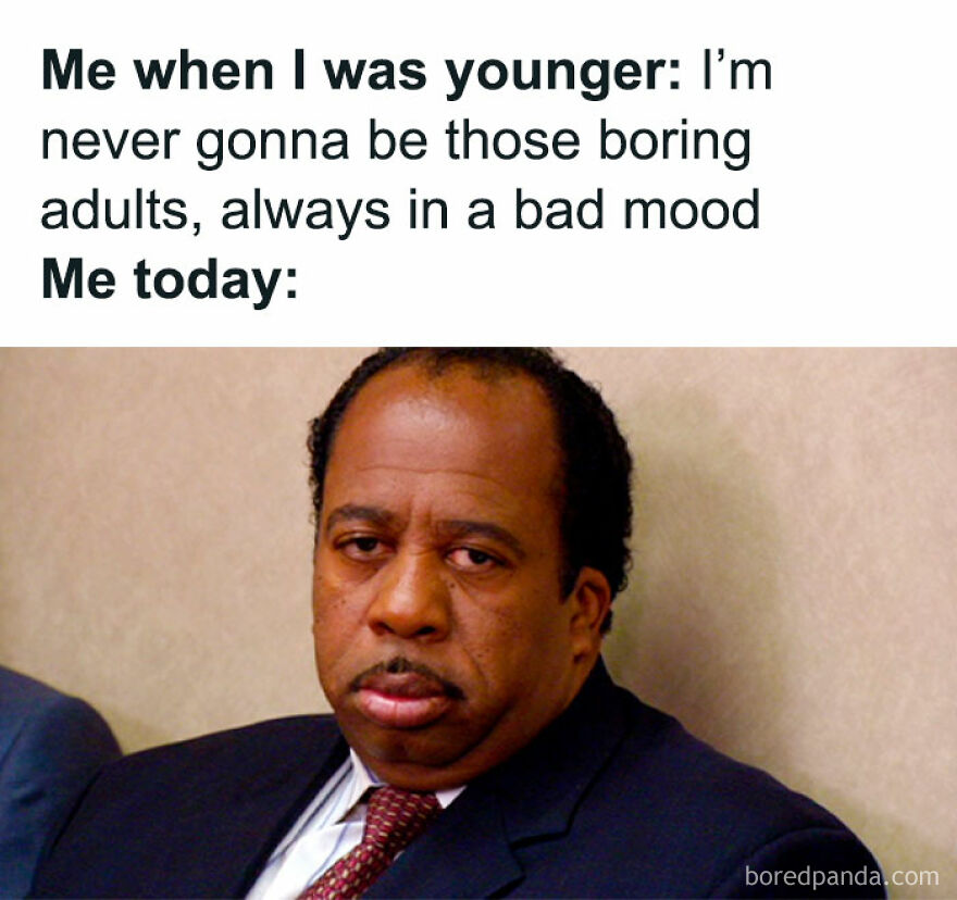 Man with a serious expression, representing a humorous transformation from youthful optimism to adult moodiness.