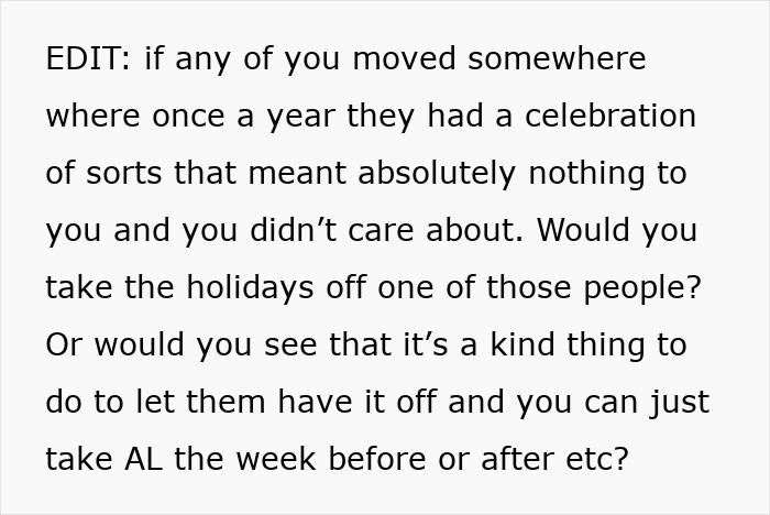 Text questioning holiday leave fairness in workplace.