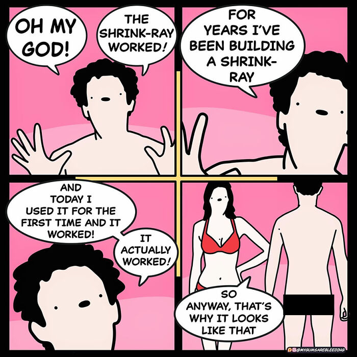 Comic by Miles Erickson with a twist ending about a shrink-ray invention and revealing an unexpected consequence.