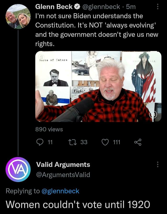 Glenn Beck tweet on constitutional rights with a response highlighting women's voting rights history for hilariously cringe posts.