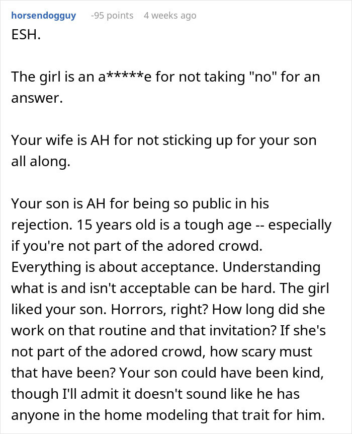 Text discussing dad supporting son in family drama situation involving rejection.