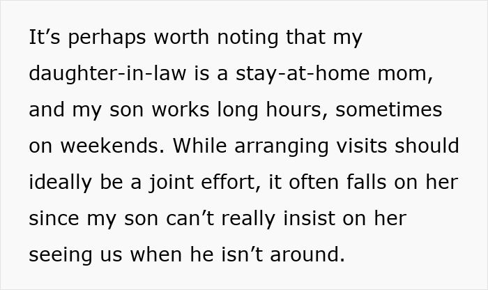 Text discussing daughter-in-law's role at home and challenges in arranging visits. Text discussing daughter-in-law's role at home and challenges in arranging visits.