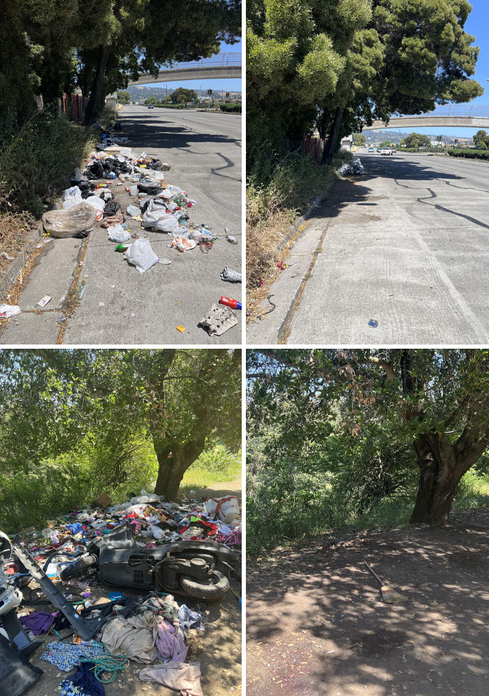 Before-after cleaning pictures showing a street and park area littered with trash, then clean and tidy.