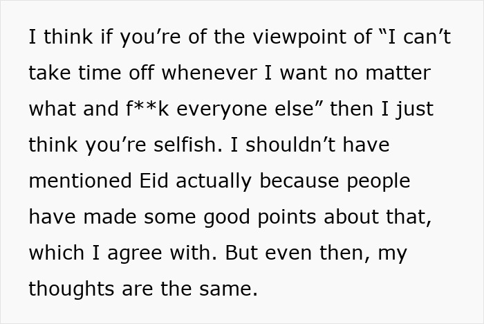 Text expressing opinion on time off and mentioning Eid.