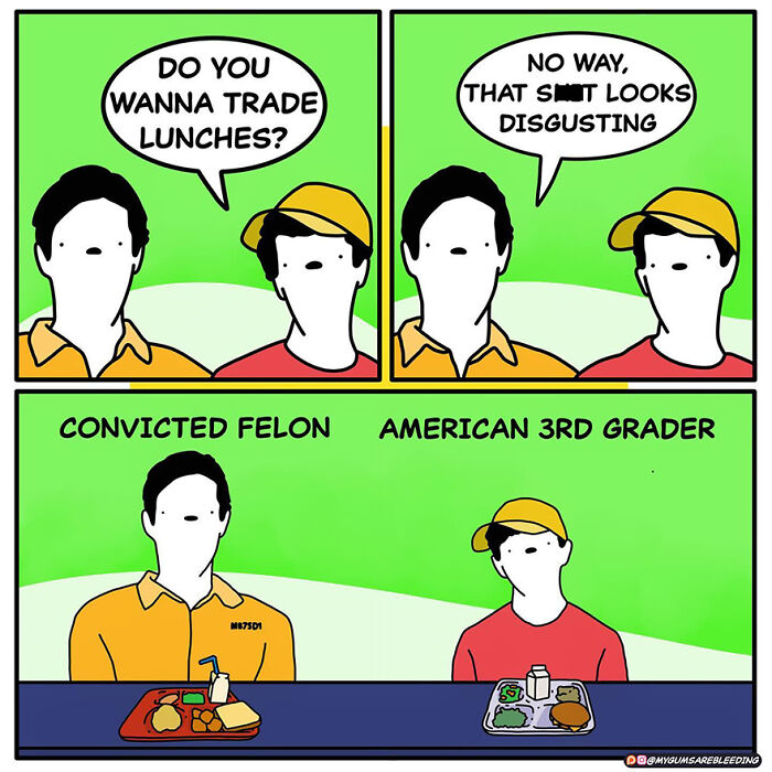 Comic by Miles Erickson: Convicted felon and 3rd grader discuss trading unappealing lunches.