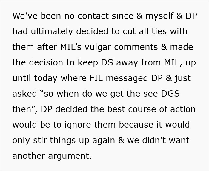 Text message about family conflict, mentioning spouse's decision to ban MIL from seeing grandkid due to rude behavior.