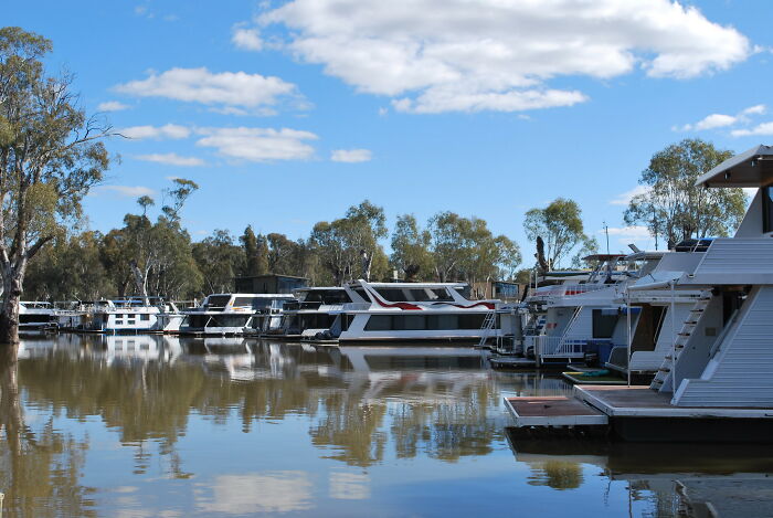 Luxury yachts docked on a serene waterfront, indicating wealth.