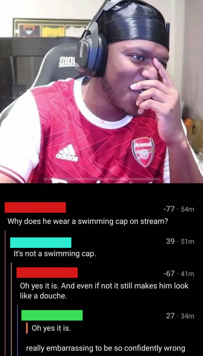 Streamer smiling during a live session, wearing headphones and a durag, with comments highlighting overly confident incorrect statements.