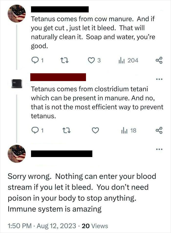 Social media exchange illustrating overly confident incorrect people discussing tetanus prevention.