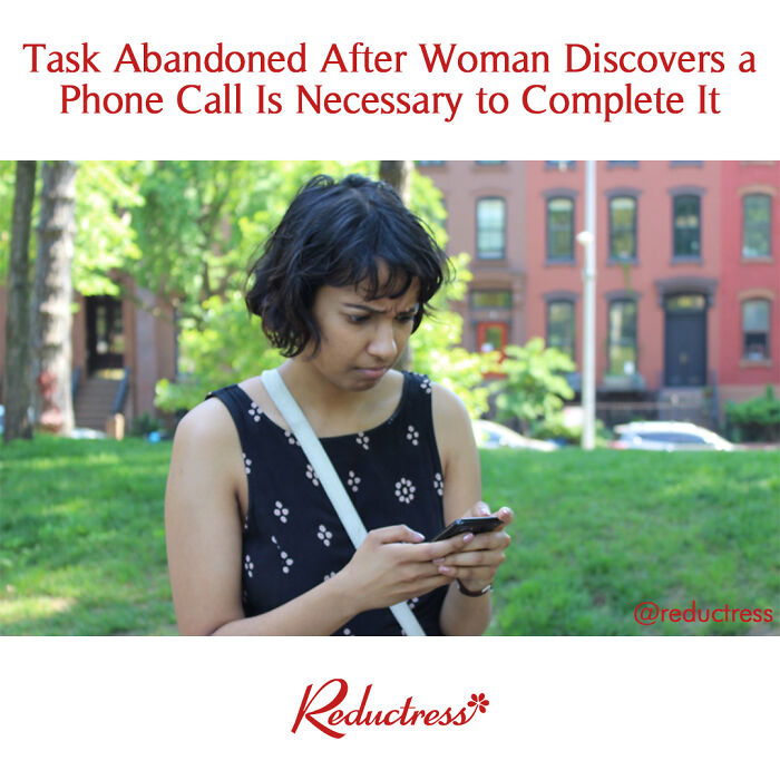 Woman outdoors looking at a phone, humorous fake headline about avoiding phone calls displayed above.