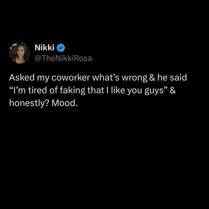 Tweet about coworker expressing anti-social feelings, feeling relatable.
