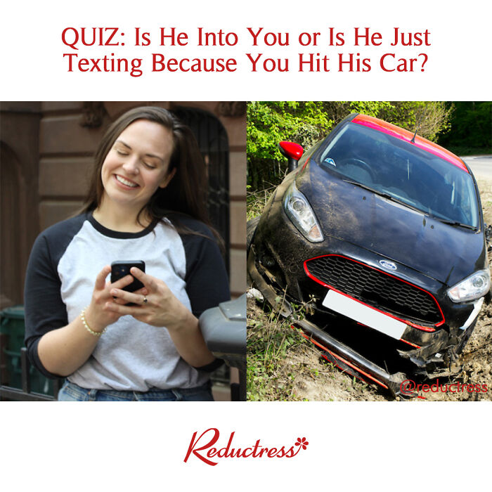 Smiling woman texting beside a damaged car, illustrating a funny fake headline scenario.