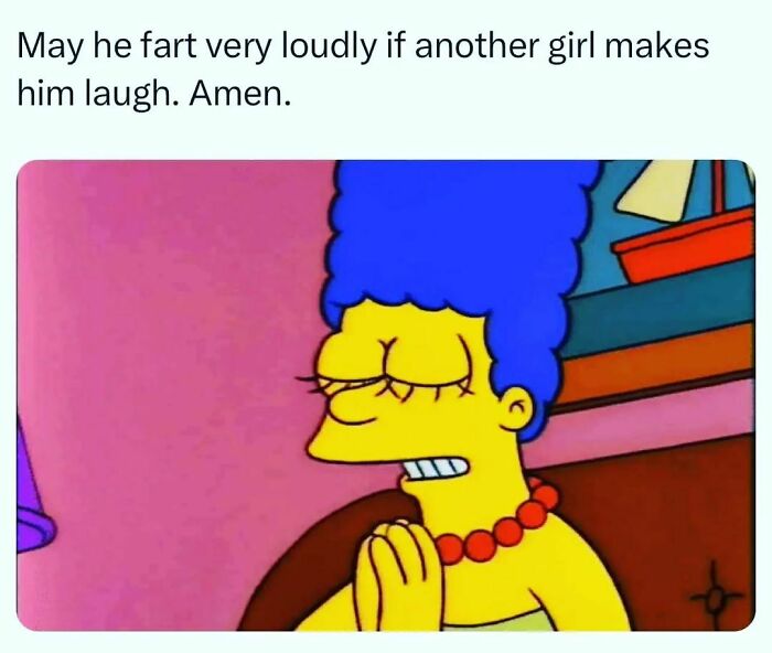 Marge Simpson with closed eyes and praying hands, humorous relatable meme about laughter and farting for a laugh.