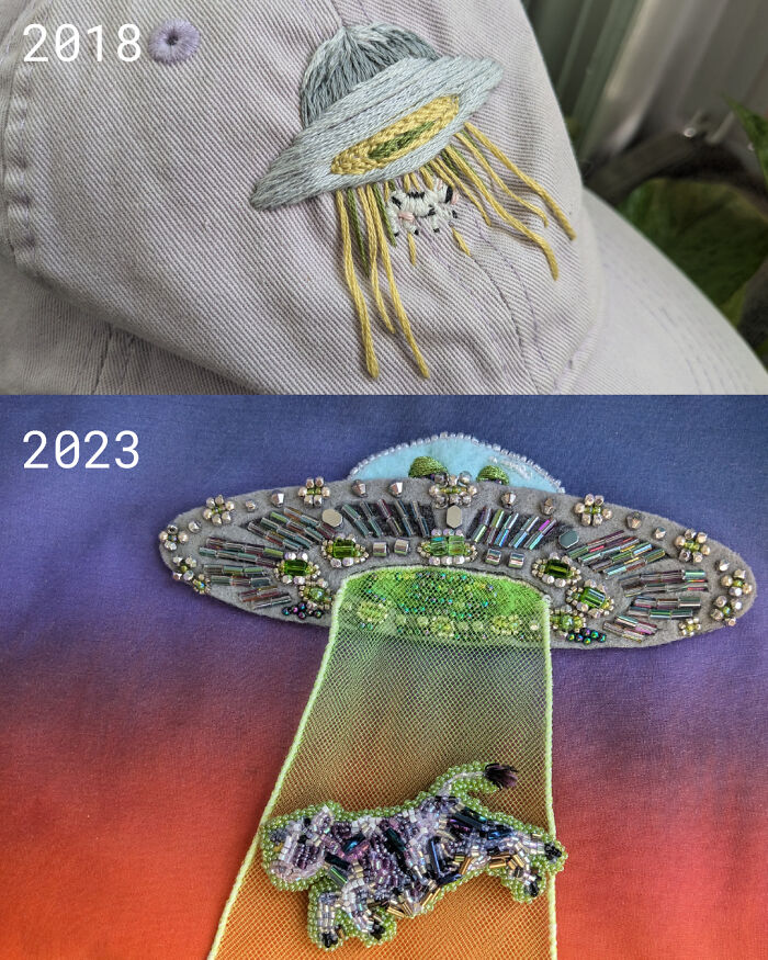 Embroidered UFO designs on fabric showing evolution in embroidery designs from 2018 to 2023 with detailed stitching and beadwork.