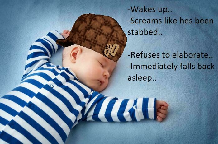 Sleeping baby wearing a brown cap with text humorously describing dads doing their best in a wholesome and funny way