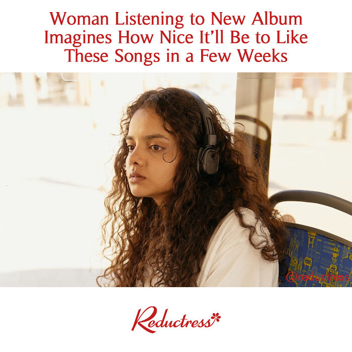 Woman with headphones listening to music, imagining liking new songs.