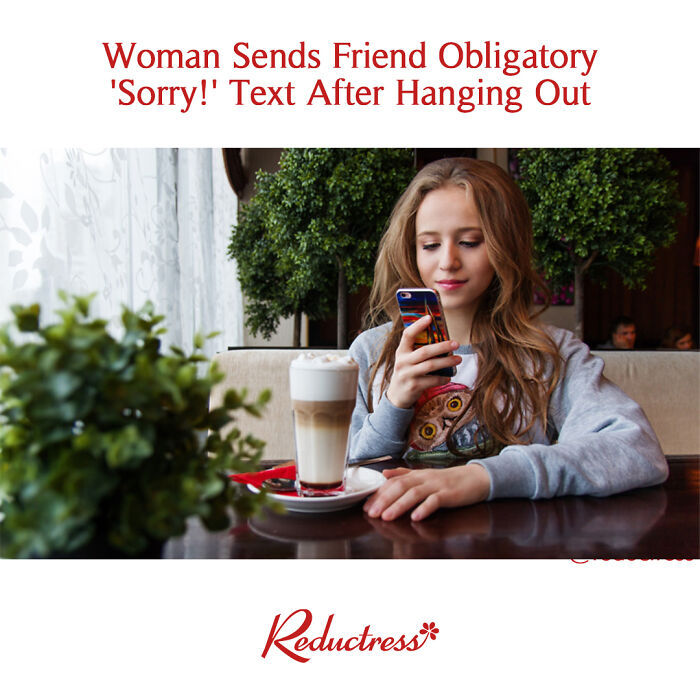 Woman texting on phone at cafe, with coffee, capturing a humorous real-life scenario.