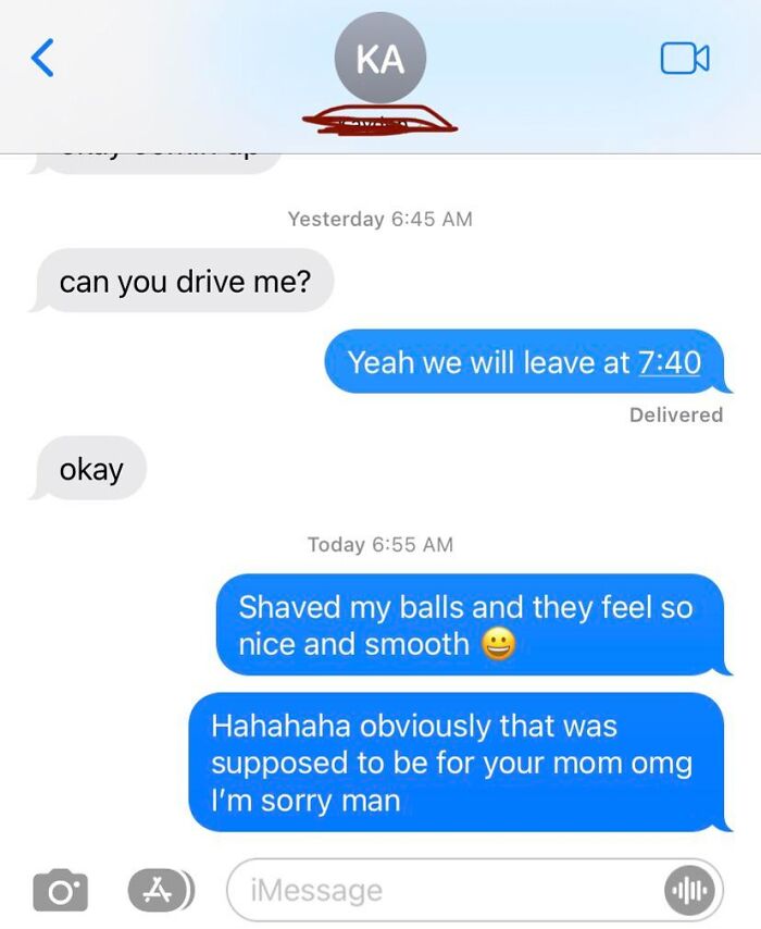 Awkward text message mix-up with a friend leading to unexpected humor.