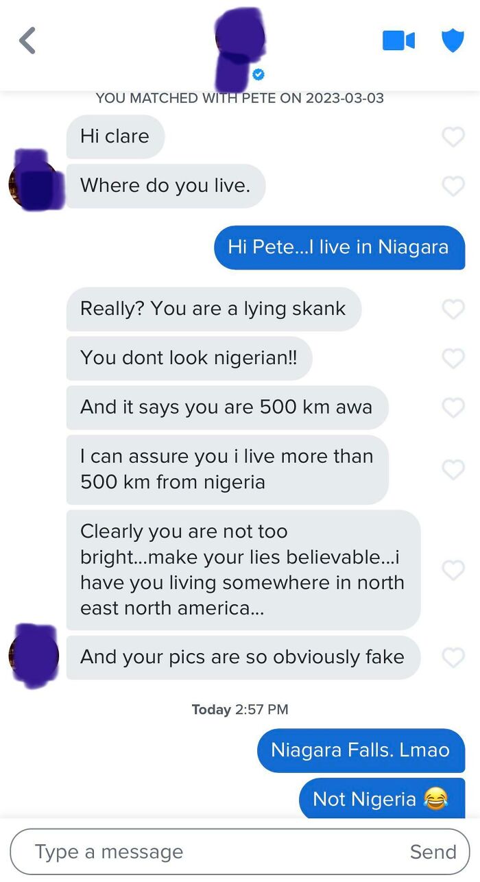 Awkward text message exchange with confusion over location, highlighting misunderstandings and humor.