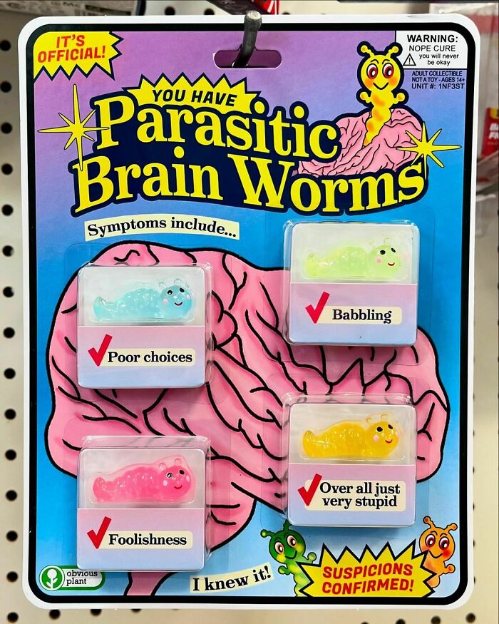 Parasitic brain worms fake product packaging showing humorous symptoms like poor choices and babbling on store shelf.