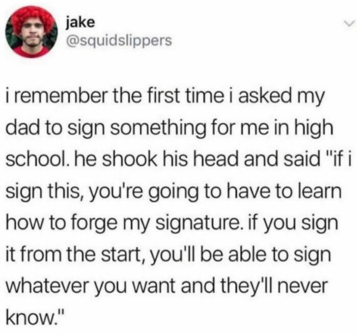 Screenshot of a hilarious tweet about learning to forge a signature, featured in the most hilarious tweets collection.