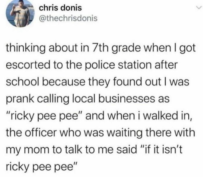 Screenshot of a hilarious tweet about getting escorted to the police station for prank calling local businesses.