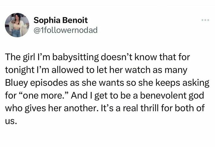 Hilarious tweet about babysitting and letting a child watch unlimited Bluey episodes for a fun and playful night.