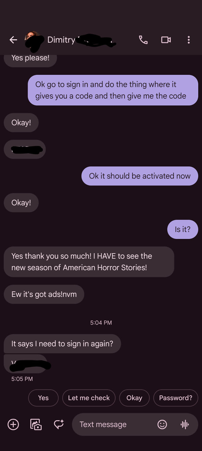Text conversation highlighting a beggar being choosy about watching a TV show with ads, seeking access.