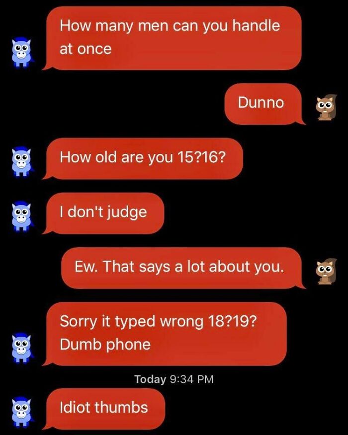 Awkward text conversation with typos, showing humorous misunderstanding and a correction about age.