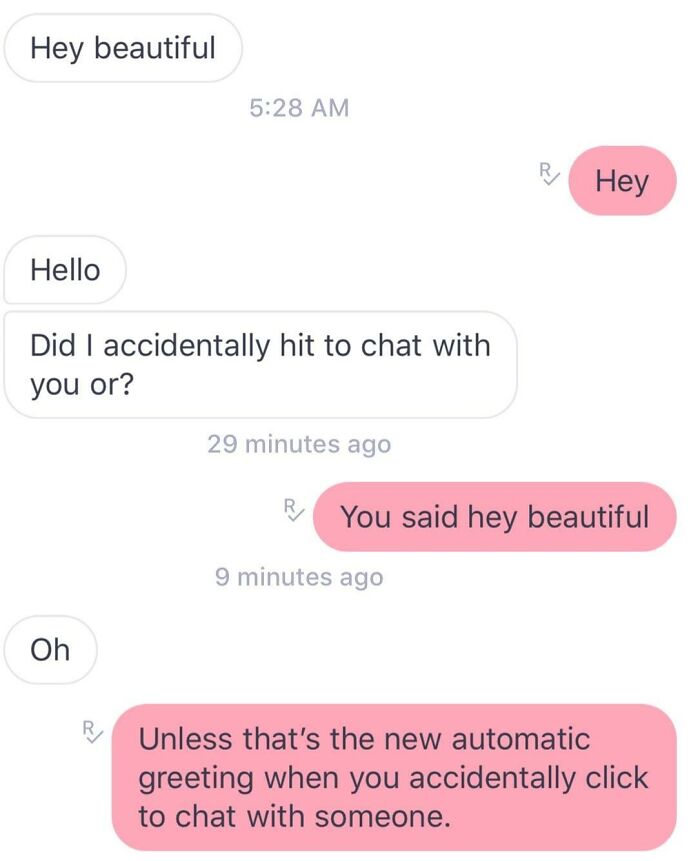 Awkward text message exchange about a mistaken greeting, questioning if "Hey beautiful" was accidental.