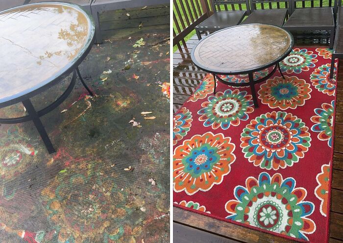 Before and after power washing a colorful rug, revealing vibrant patterns and a clean surface; satisfying transformation.