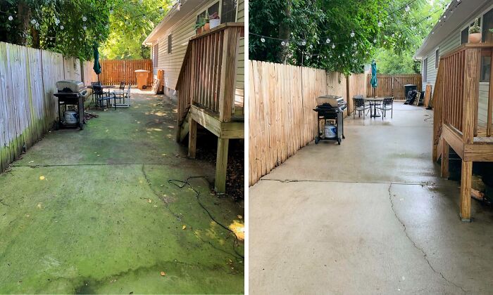 Power washing results: a backyard patio before and after cleaning, revealing a dramatic transformation.