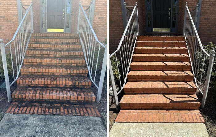 Power washing results shown on brick steps, before and after cleaning, highlighting the satisfying transformation.