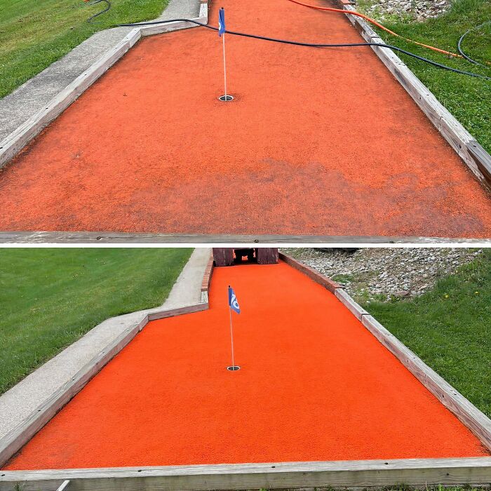 Before and after of power washed mini-golf course, revealing vibrant orange surface in satisfying transformation.