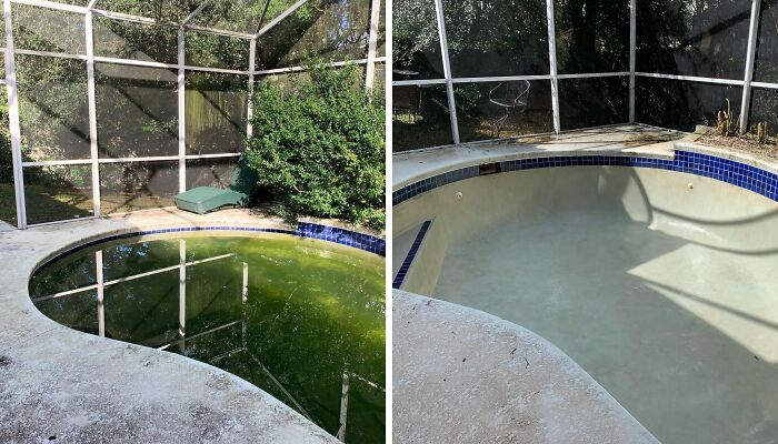 Before and after power washing a dirty pool, showcasing satisfying cleaning results.