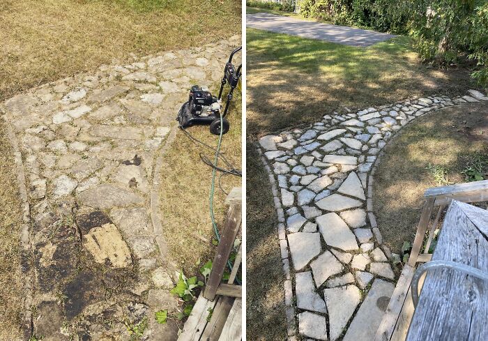 Before and after of a stone path, showing satisfying power washing results with a pressure washer on the left.