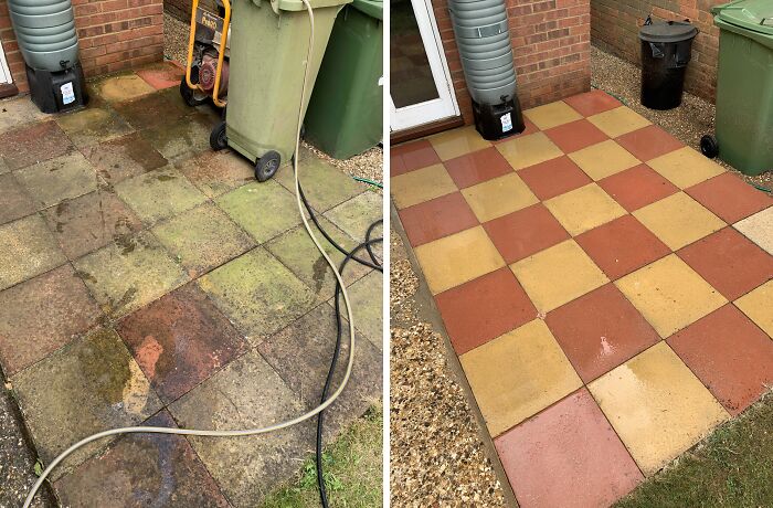 Power washed patio transformation, before and after, showcasing satisfying cleaning results with vibrant tiles.