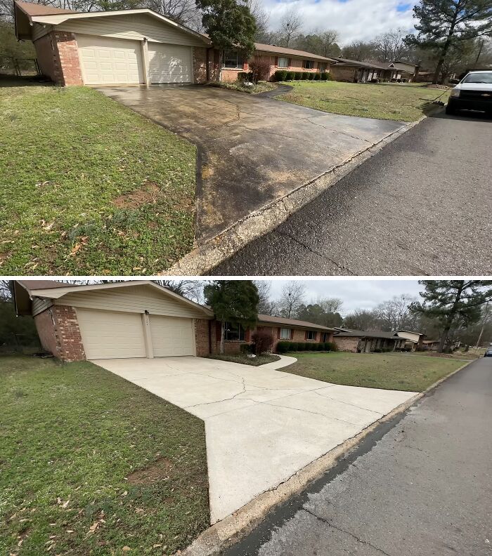 "Driveway before and after power washing, showing a dramatic and satisfying transformation."