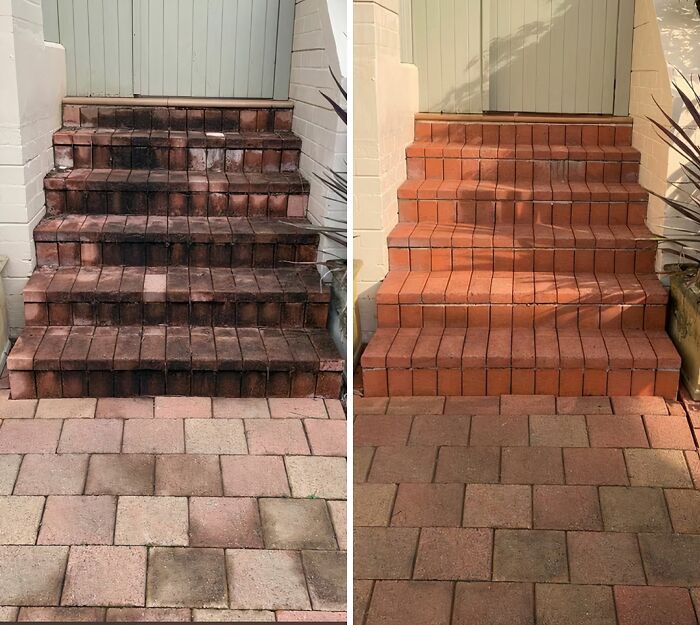 "Before and after power washing steps, revealing clean, vibrant bricks in a satisfying transformation."