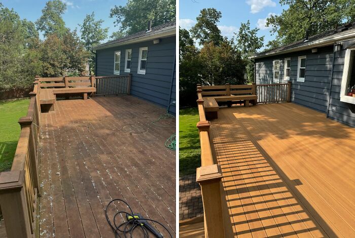 Power washed deck with satisfying results; before and after transformation showing clean, revitalized wooden surface.