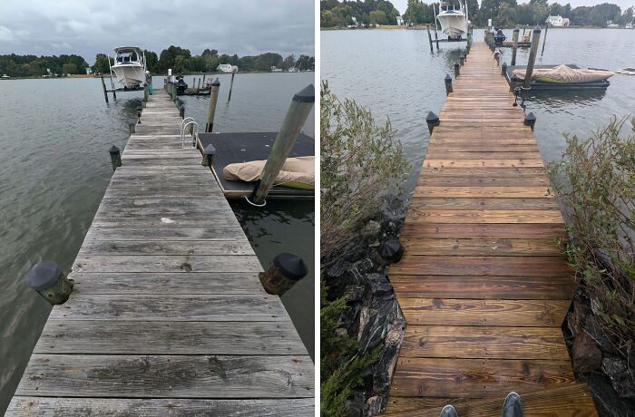 Before and after power washing a dock, showcasing satisfying restoration results.
