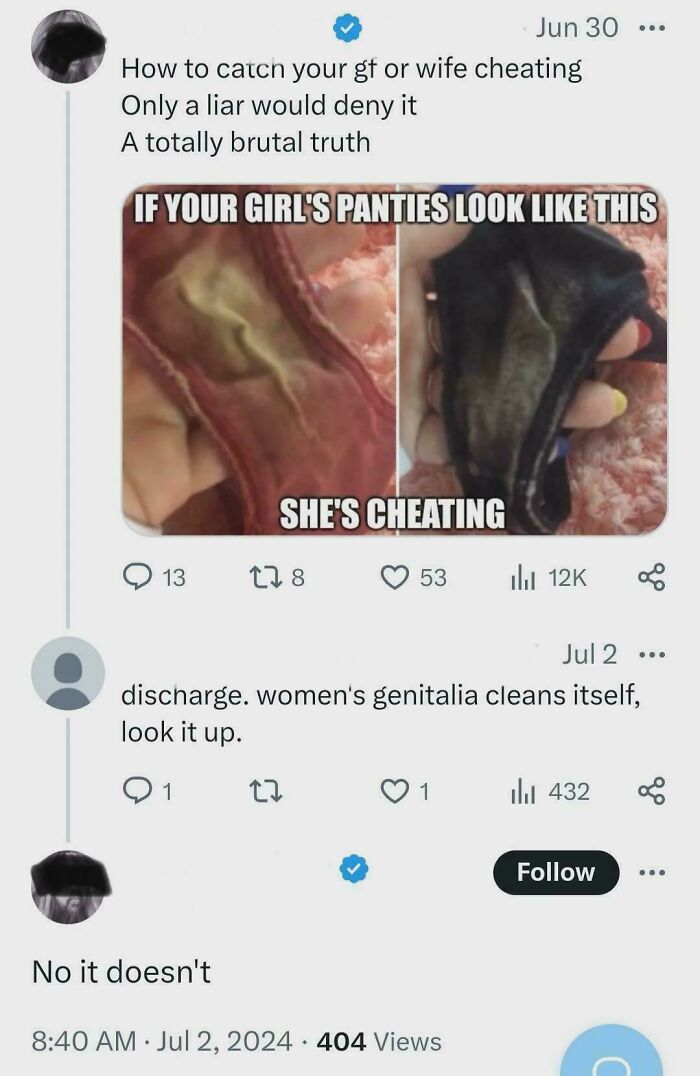 Misogynist comment about cheating refuted with a factual explanation regarding female health.