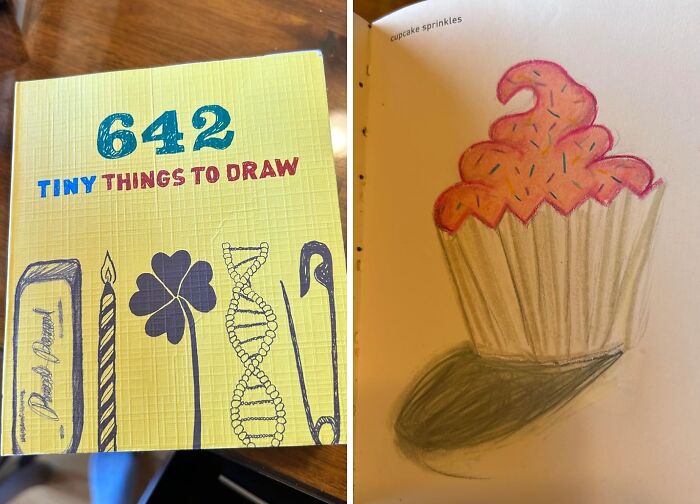 Book and drawing of cupcake sprinkles, showing creative gift ideas for shopping for a 12-year-old.