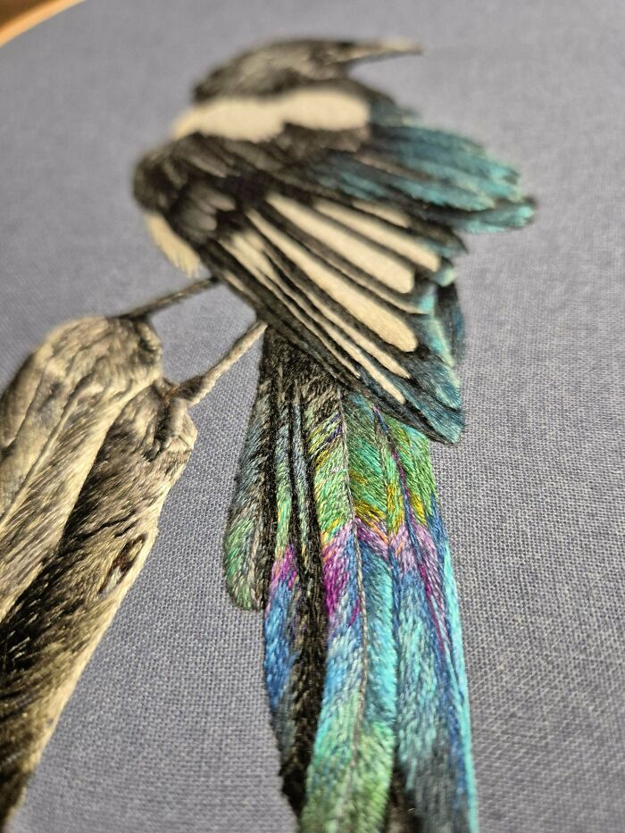 Close-up of a colorful bird embroidery design on fabric showcasing beautiful embroidery details and vibrant threads.