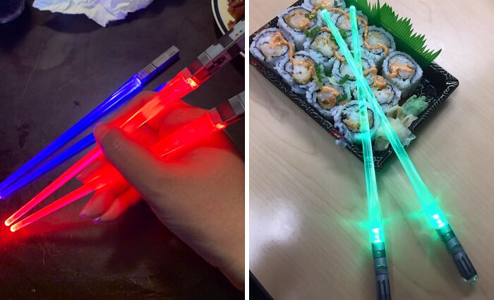 LED light-up chopsticks in red, blue, and green held and used with sushi, perfect shopping gift for a 12-year-old.