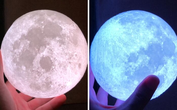 Hand holding a glowing moon lamp with soft white and blue light, illustrating unique gift ideas for shopping for a 12-year-old.