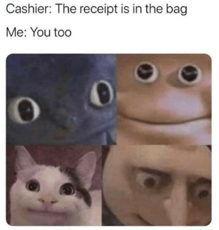 Relatable mental health meme with funny animal and character reactions to an awkward social situation.