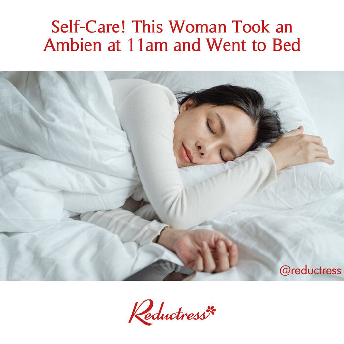 Woman sleeping in bed during the day, illustrating a humorous take on self-care from fake headlines.